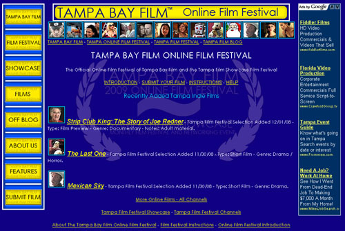 Tampa Bay Film Online Film Festival December 2008 - Notice that the main menu has changed since the last screen grab image was posted in the previous Tampa Film Blog post. There have been a lot of additions and updates to the Tampa Bay Film Online Film Festival since the last indie films were added.